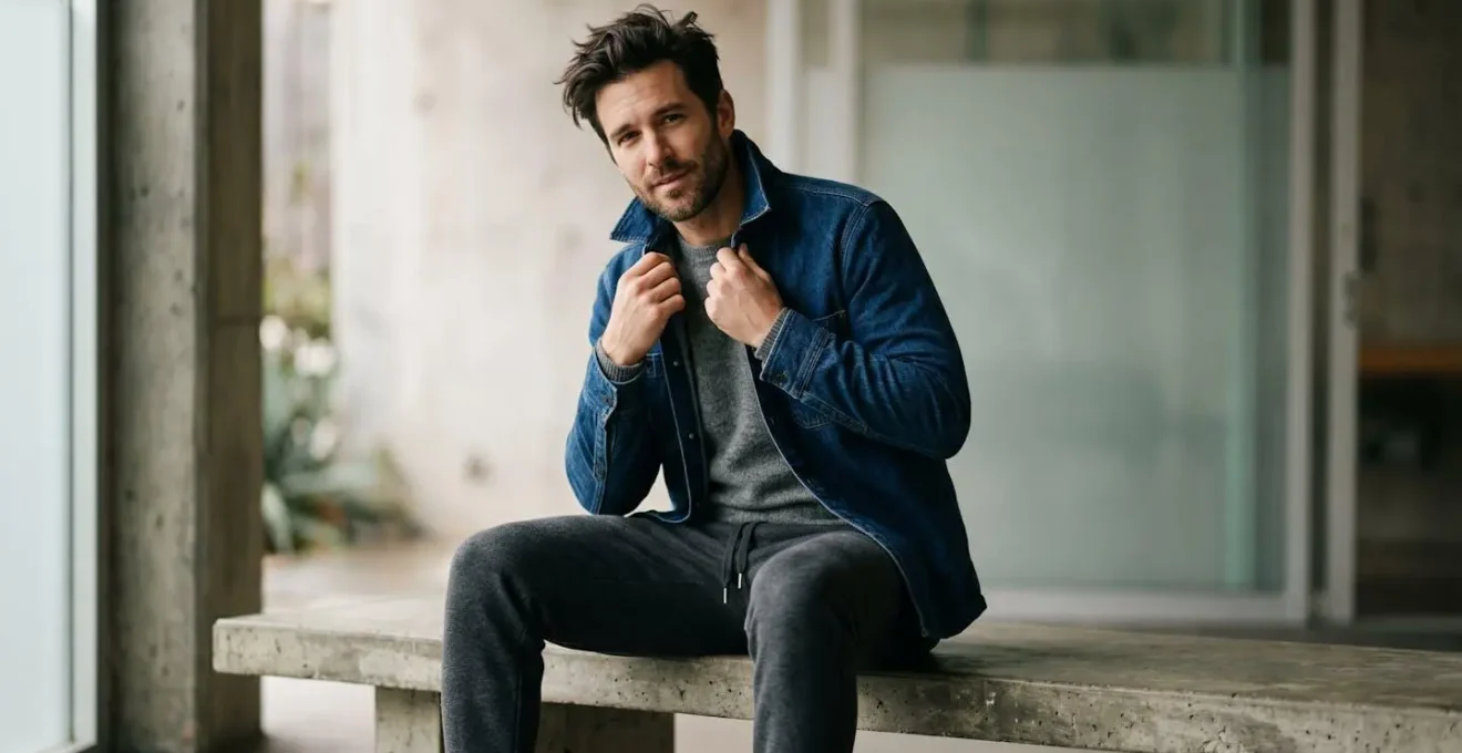 Man wearing tailored sweatpants with structured overshirt and leather sneakers