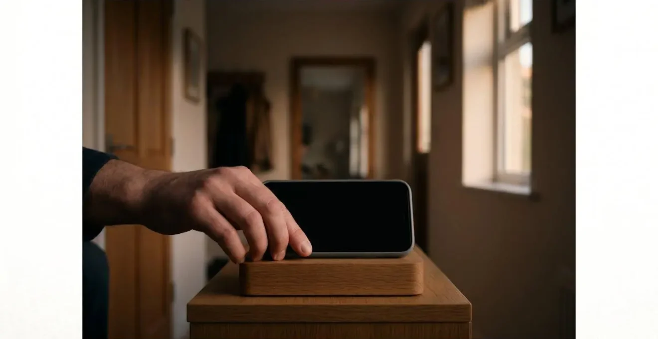Smartphone being placed on charging station away from bedroom in warm evening light