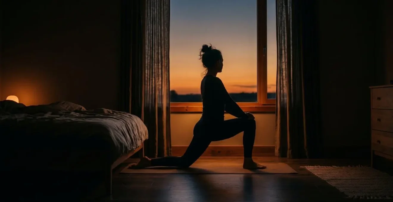 Person performing gentle evening stretches in dimly lit bedroom
