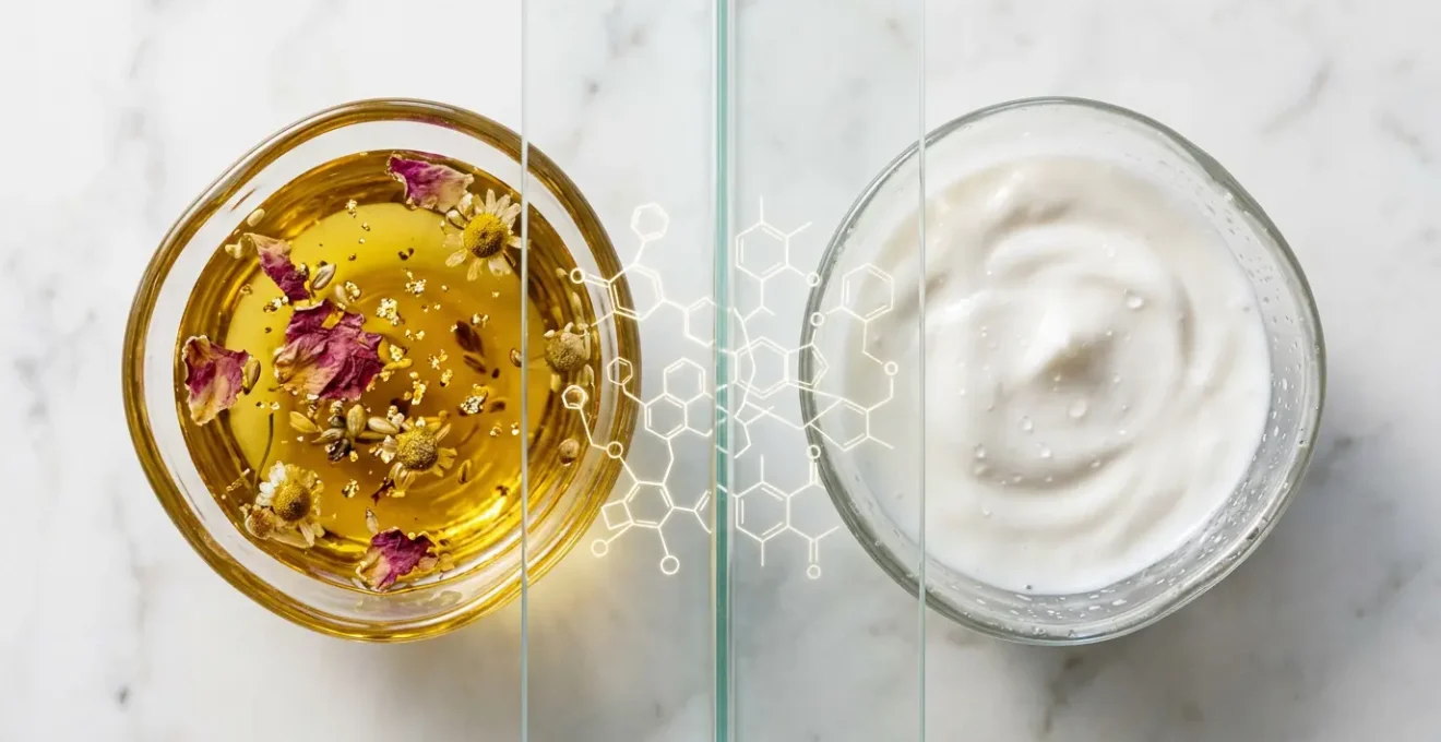 Scientific comparison of face oil and moisturizer molecules interacting with skin layers