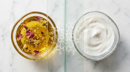 Scientific comparison of face oil and moisturizer molecules interacting with skin layers