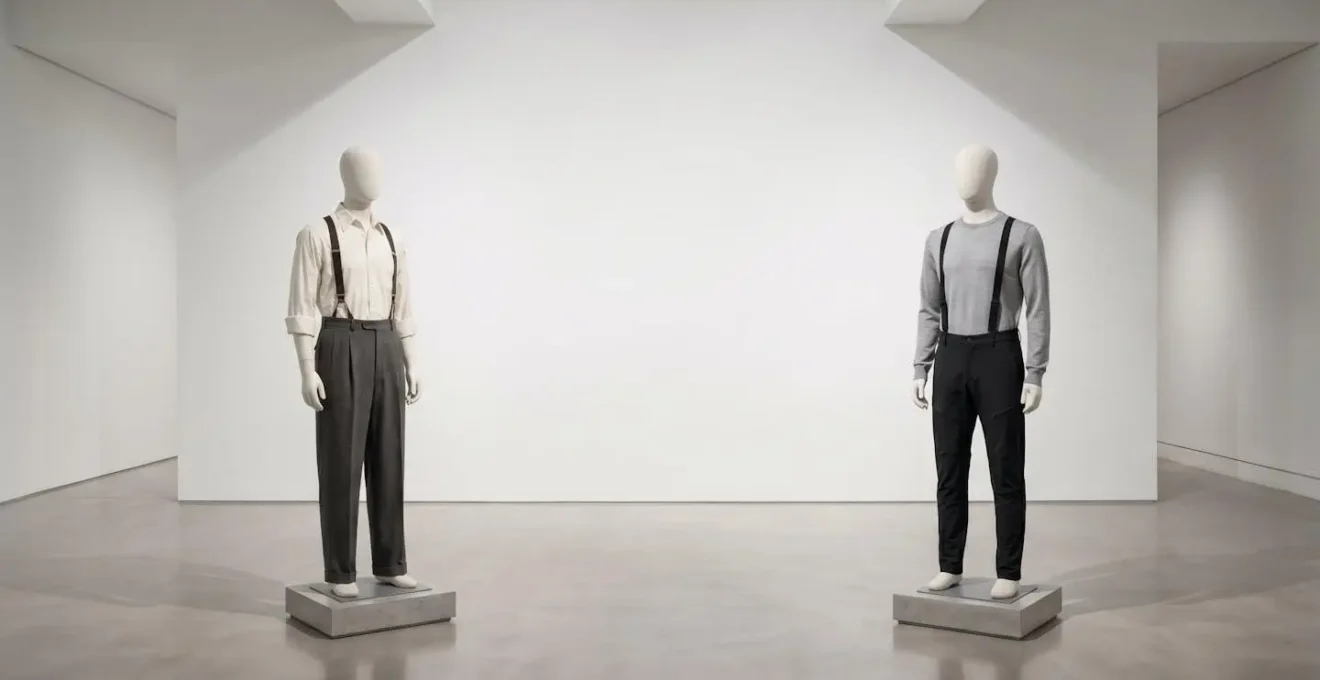 Split view showing 1950s versus 2020s high-waisted trouser styling evolution