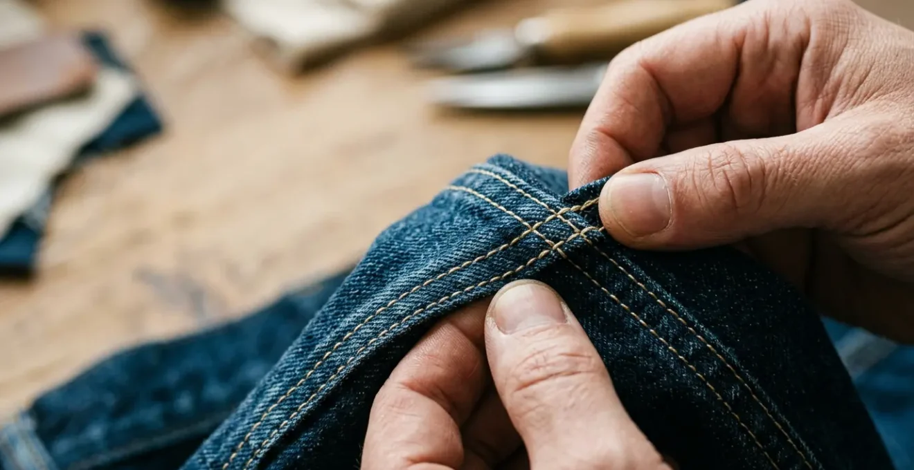 Close-up inspection of high-quality garment stitching showing professional seam construction and thread detail