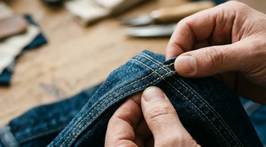 Close-up inspection of high-quality garment stitching showing professional seam construction and thread detail