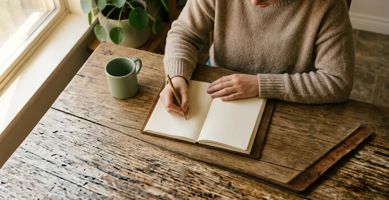 Person writing in journal with morning light creating peaceful atmosphere for authentic gratitude practice