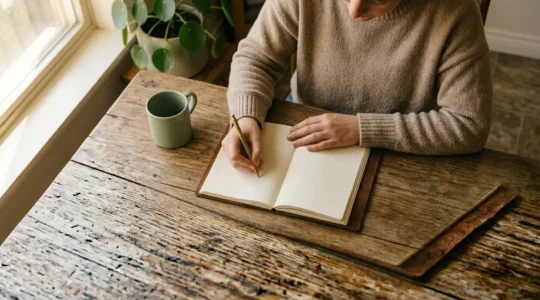 Person writing in journal with morning light creating peaceful atmosphere for authentic gratitude practice