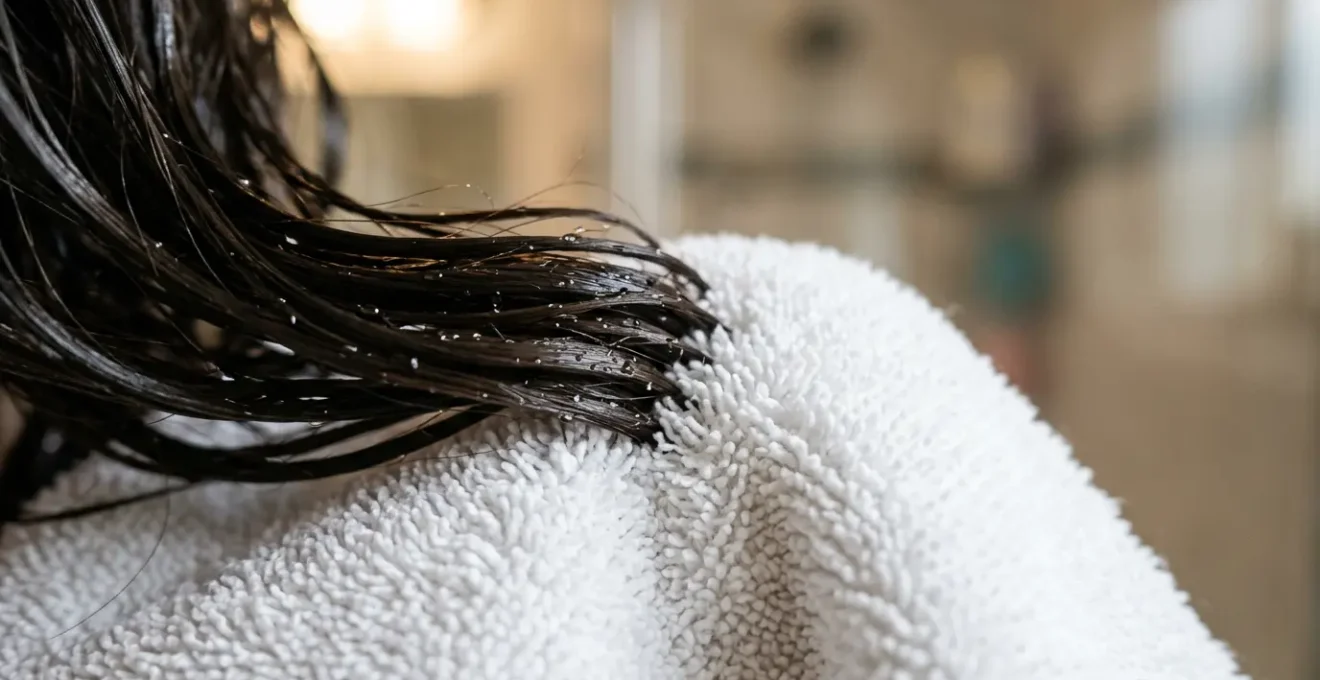 Close-up of healthy male hair being gently dried with microfiber towel technique