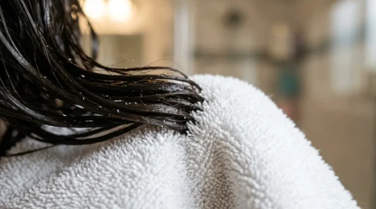 Close-up of healthy male hair being gently dried with microfiber towel technique