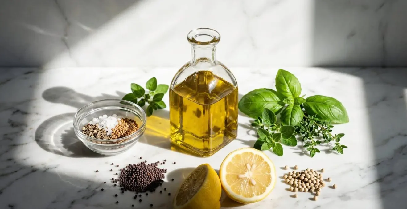 Artistic arrangement of fresh herbs, olive oil, and vinegar ingredients on a minimalist surface