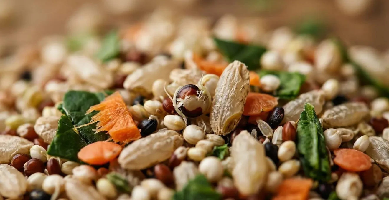 Macro photography of whole grains and fiber-rich foods with dramatic lighting showing texture details