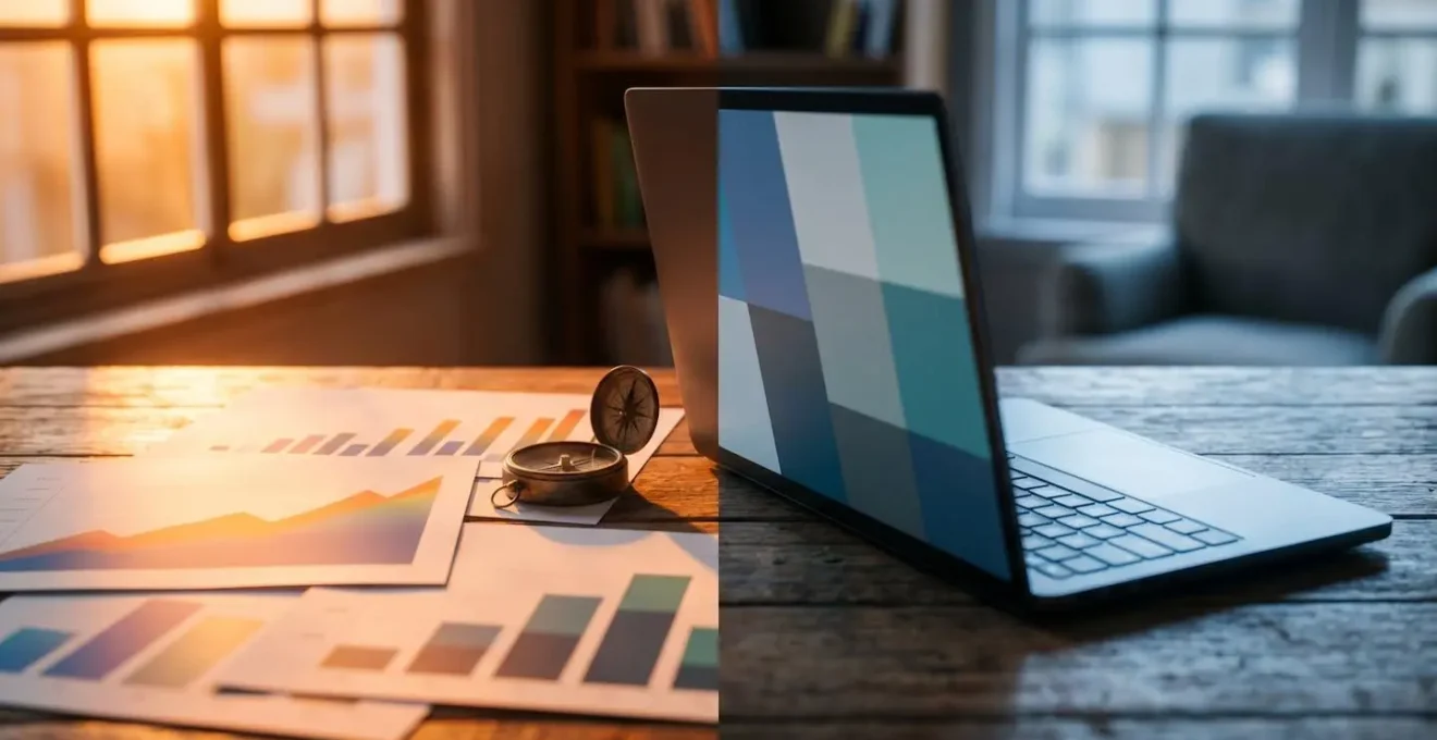 Dual-screen workflow showing complementary price tracking strategies with abstract data visualizations in minimalist office setting