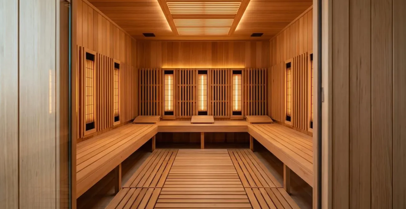 Empty infrared sauna interior with warm ambient lighting