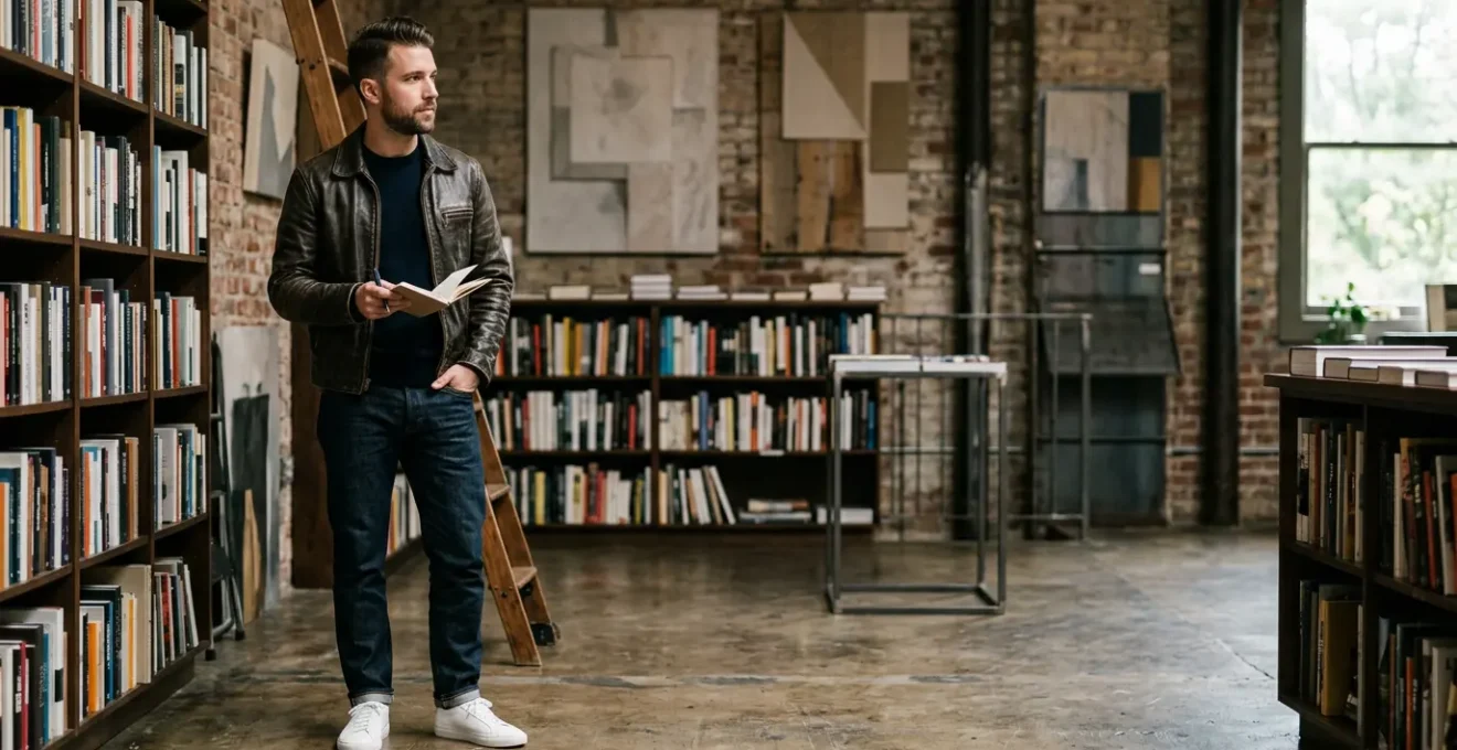 Intellectual creative man styling layered outfit with leather jacket and books in modern urban setting