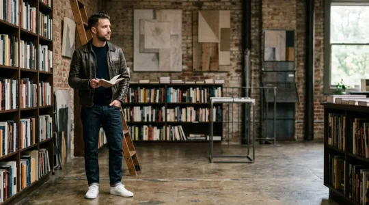 Intellectual creative man styling layered outfit with leather jacket and books in modern urban setting