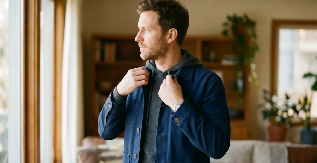 Side profile showing proper layering technique with hoodie under structured jacket