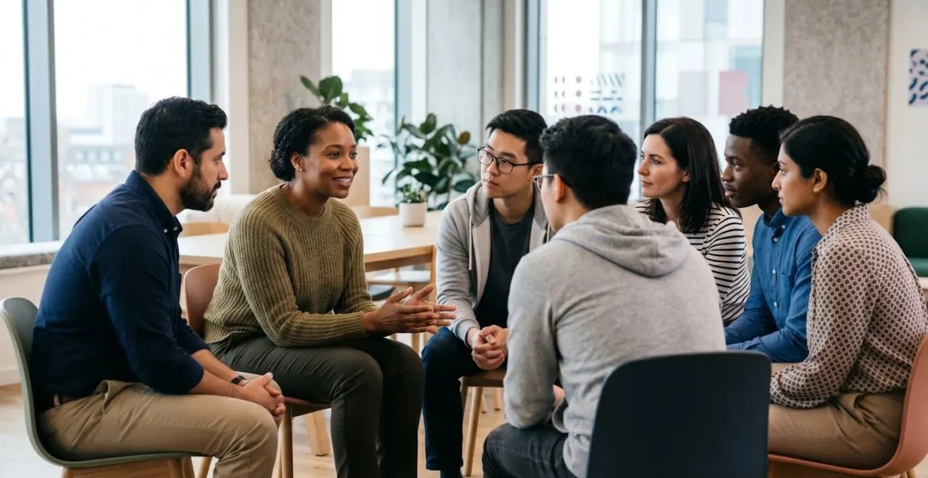 Manager standing with team in circle, showing authentic leadership through controlled vulnerability