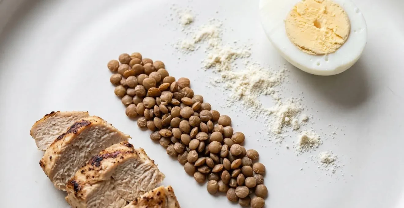 Macro photography of various protein sources arranged showing portion sizes needed to reach leucine threshold