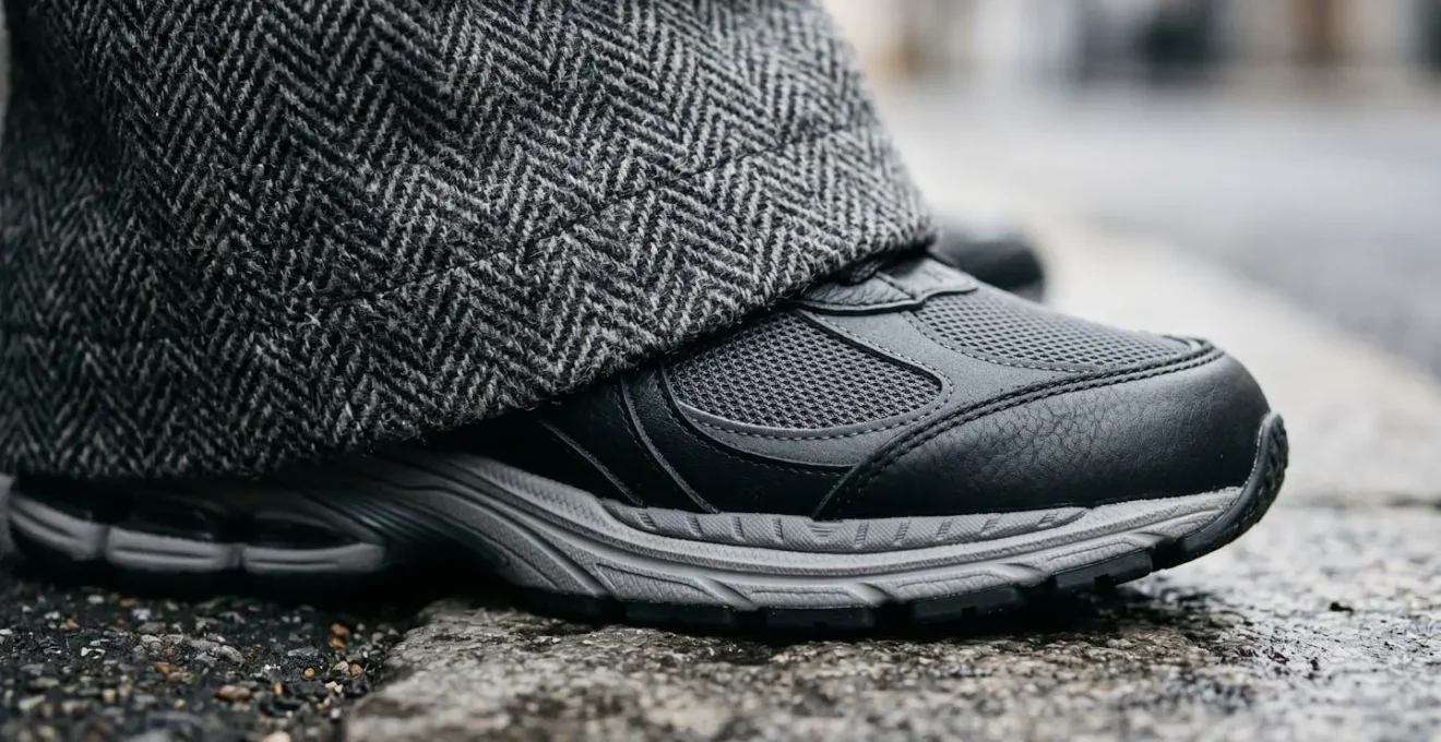 Close-up detail of limited edition sneakers paired with tailored wool overcoat hem