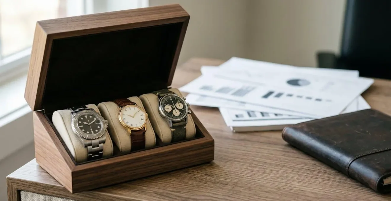 Premium luxury watch collection displayed on walnut wood surface with investment documents in background