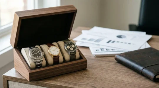 Premium luxury watch collection displayed on walnut wood surface with investment documents in background