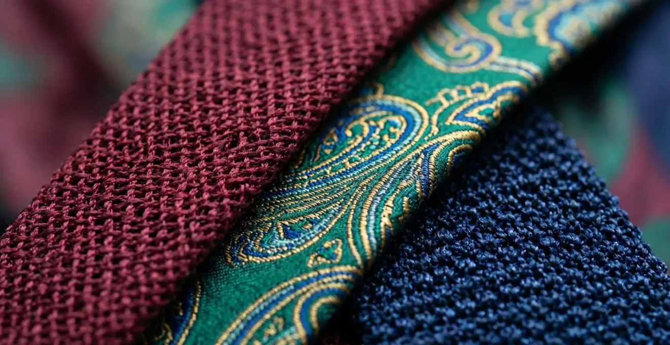Extreme close-up of luxurious silk ties showing intricate grenadine and paisley textures in rich jewel tones