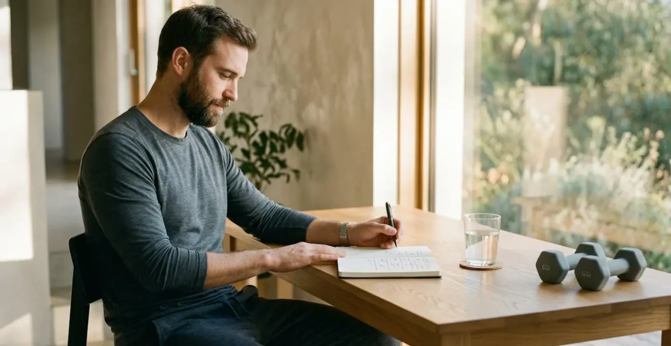 A man writing in a habit tracker journal in a minimalist morning setting