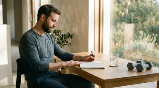 A man writing in a habit tracker journal in a minimalist morning setting