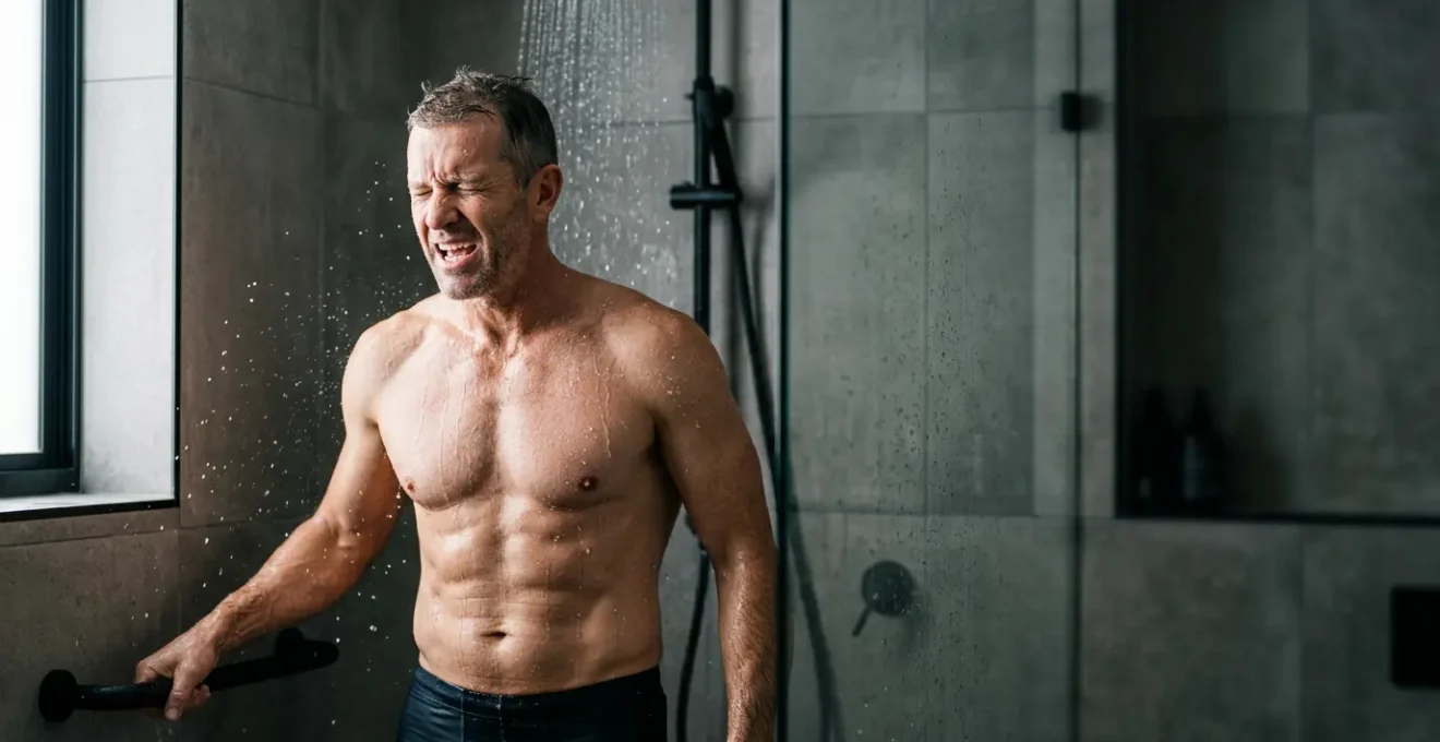 Man taking cold shower in modern bathroom during morning routine