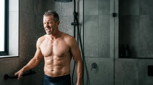 Man taking cold shower in modern bathroom during morning routine