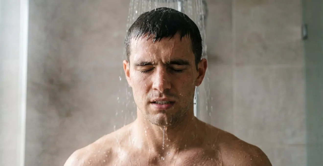 Man taking a cold shower with visible steam and determination on face