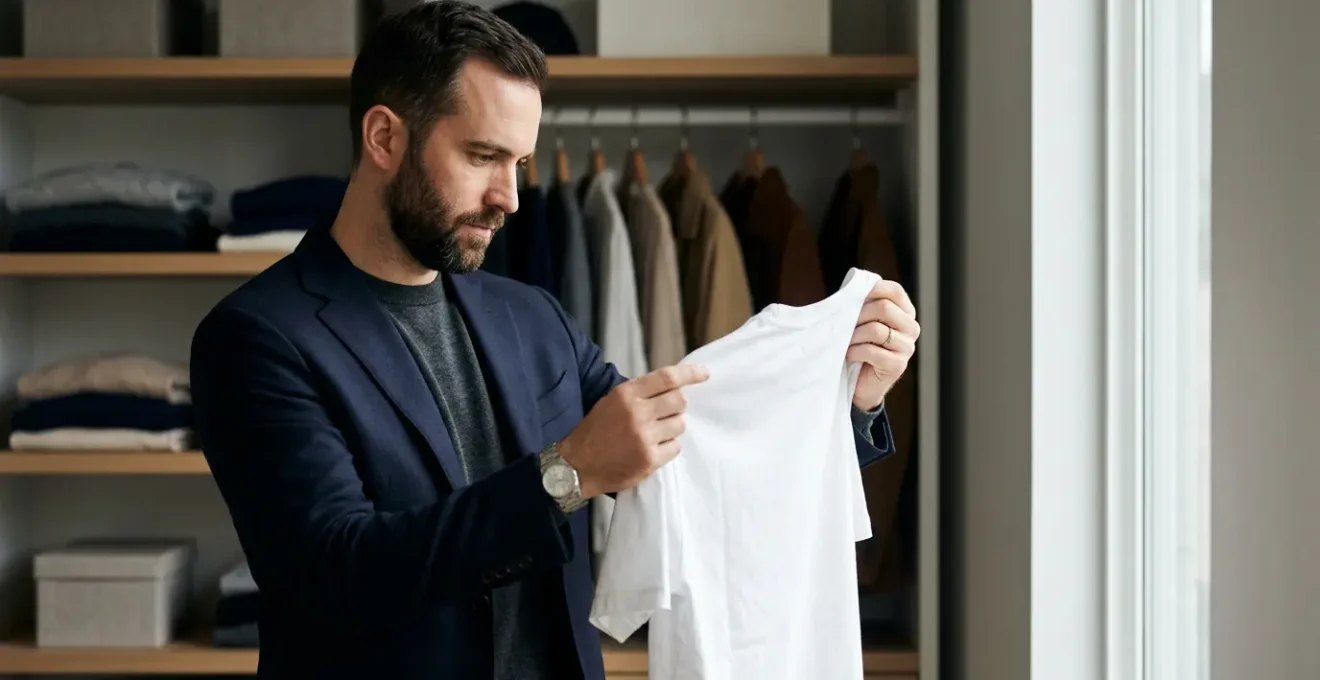 A man examining the fabric quality of a white cotton t-shirt in natural light