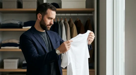 A man examining the fabric quality of a white cotton t-shirt in natural light