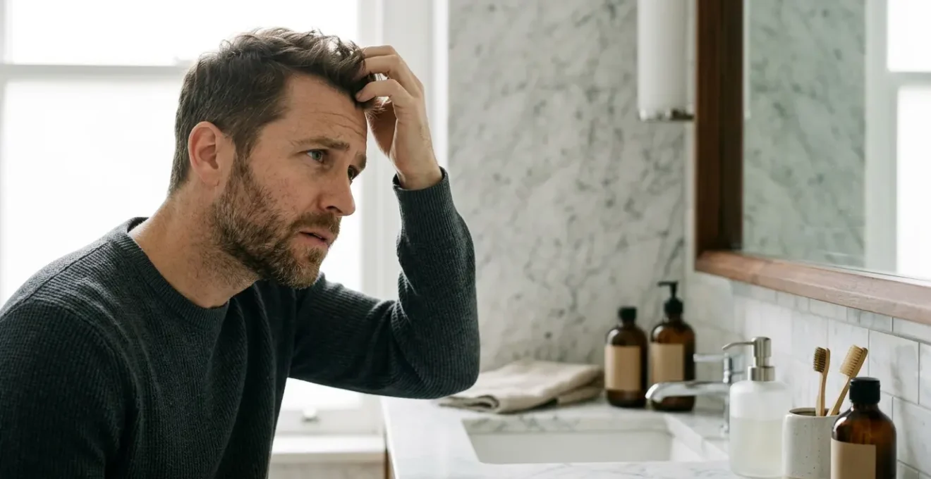 Man closely examining his hair texture in front of a bathroom mirror with natural lighting