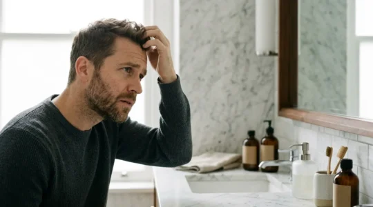 Man closely examining his hair texture in front of a bathroom mirror with natural lighting