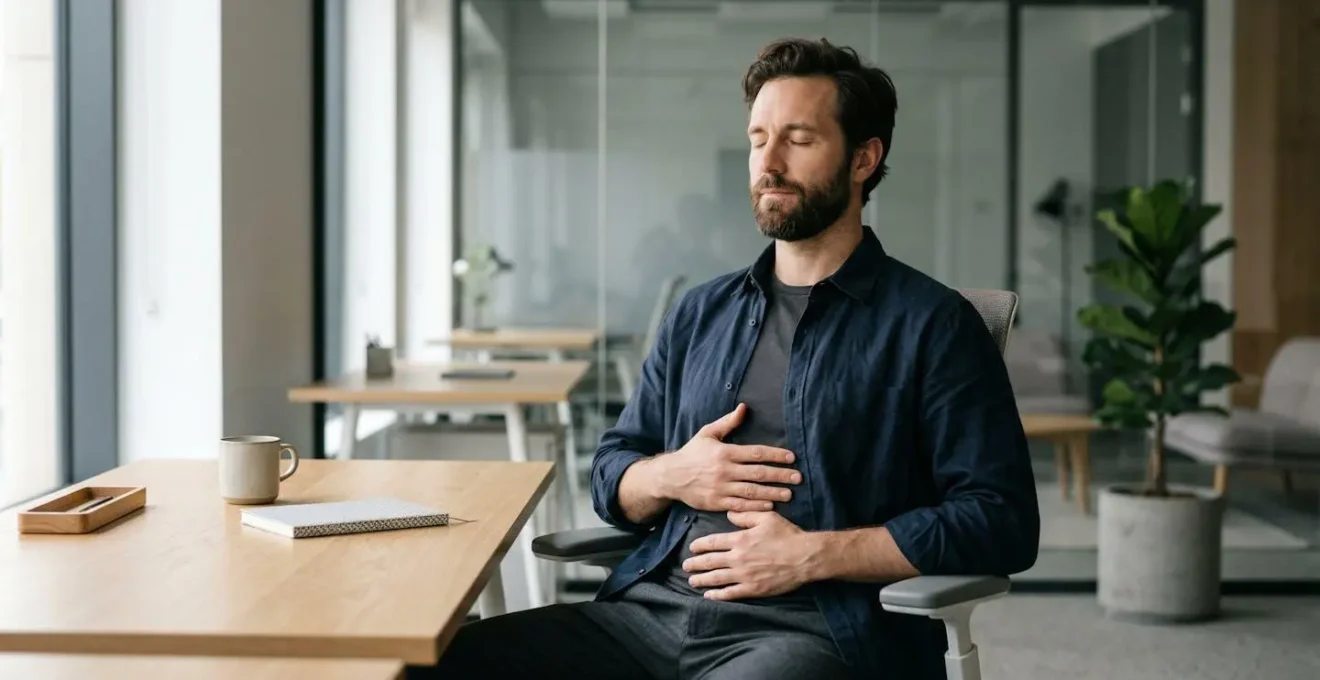 Professional man in contemplative state demonstrating mindful breathing technique