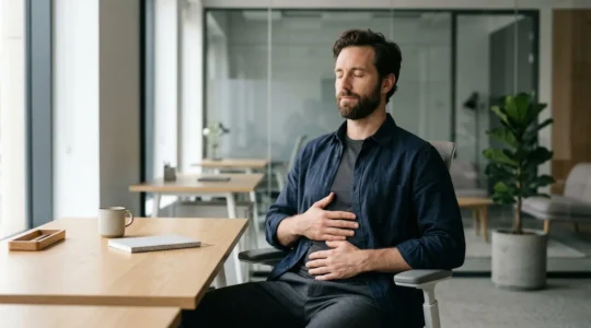 Professional man in contemplative state demonstrating mindful breathing technique