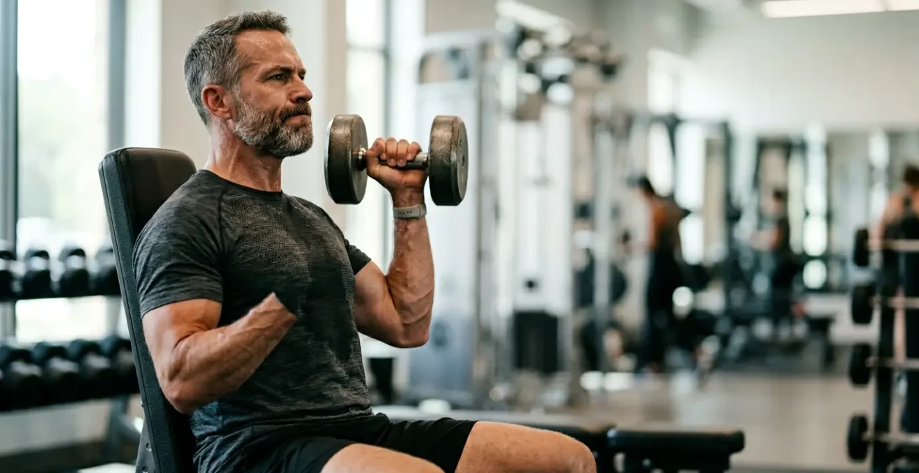 Mature man in his 40s performing controlled strength training with dumbbells in modern gym setting