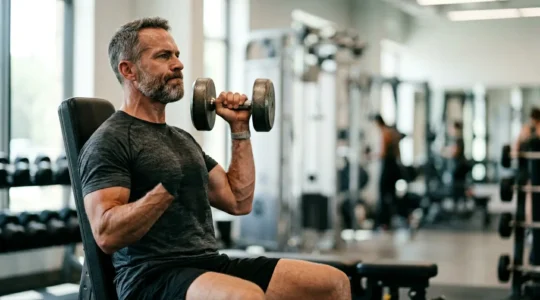 Mature man in his 40s performing controlled strength training with dumbbells in modern gym setting