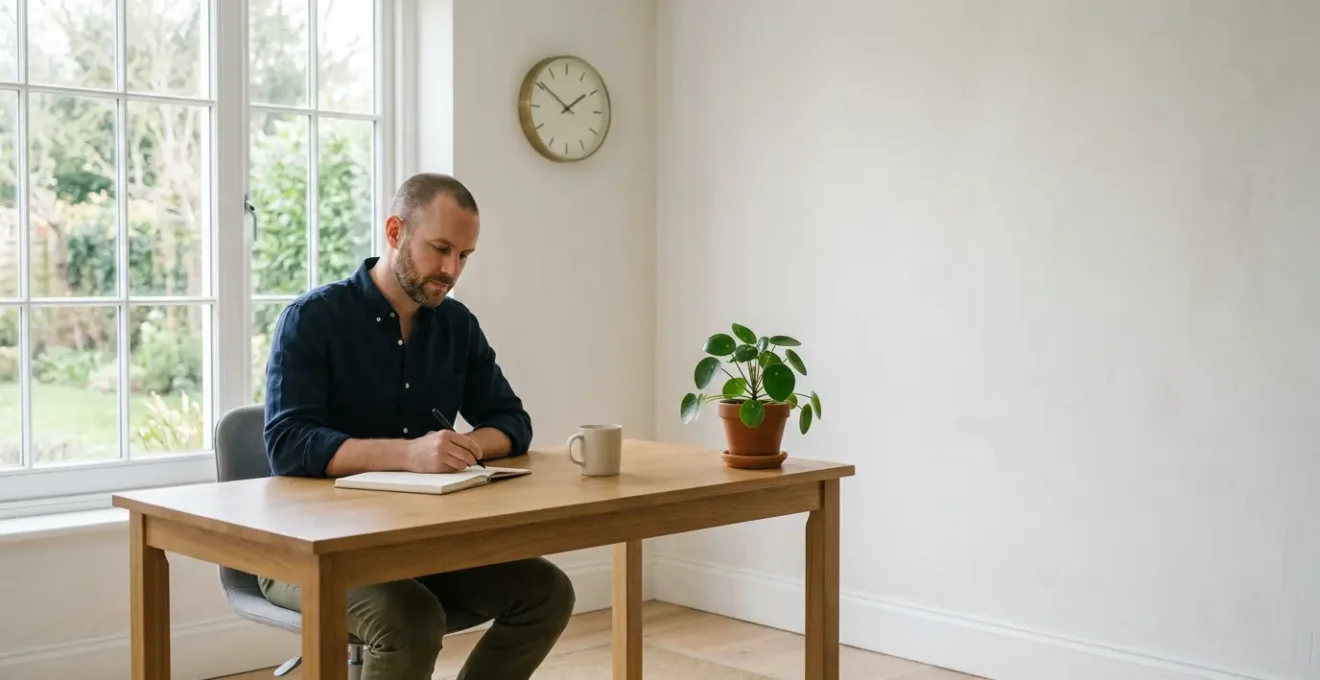 Man achieving mindful productivity in a minimalist home office setting