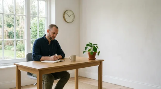 Man achieving mindful productivity in a minimalist home office setting