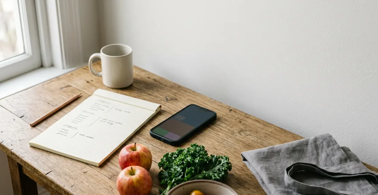Organized shopping preparation workspace showing minimal planning tools for budget-conscious grocery management