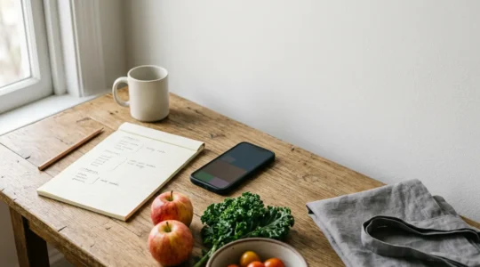 Organized shopping preparation workspace showing minimal planning tools for budget-conscious grocery management