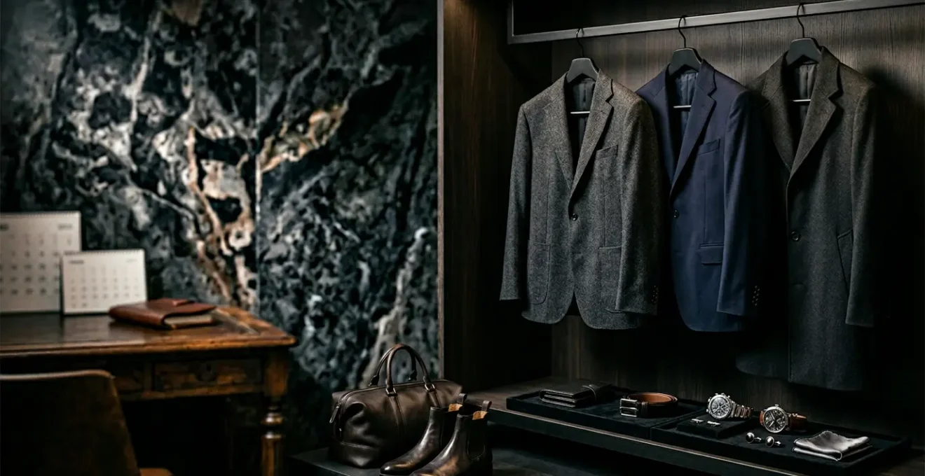 Strategic men's fashion shopping showing luxury items and timing concept