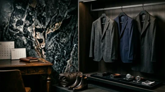 Strategic men's fashion shopping showing luxury items and timing concept