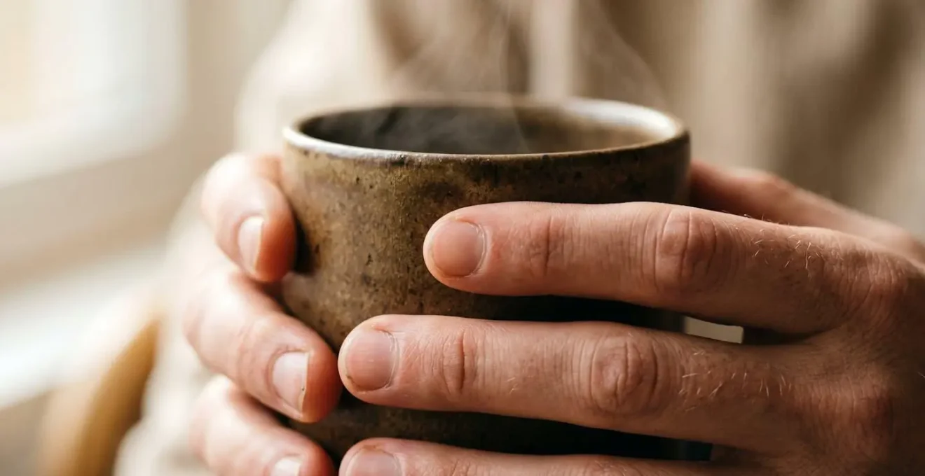 Extreme close-up of hands mindfully holding a warm mug, emphasizing tactile texture and present-moment awareness