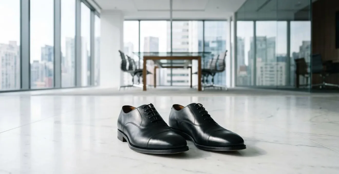 Polished black leather Oxford shoes on pristine marble boardroom floor with minimalist office environment