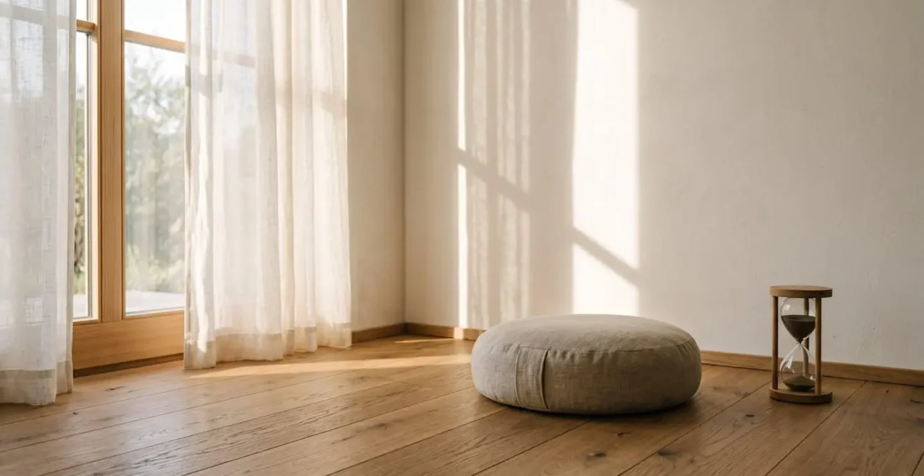 Serene, minimalist meditation corner with an hourglass, suggesting a brief but meaningful practice.