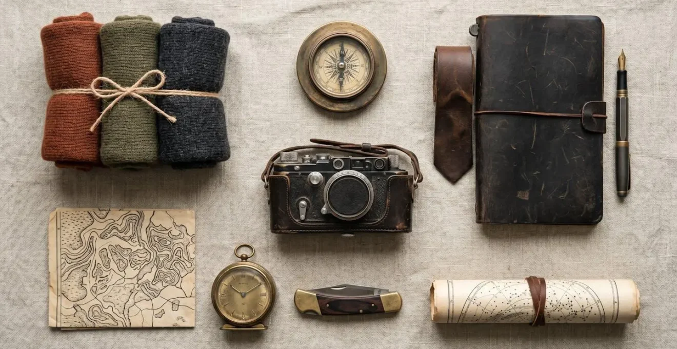 Overhead view of sophisticated travel essentials including film camera, leather journal, and merino wool garments