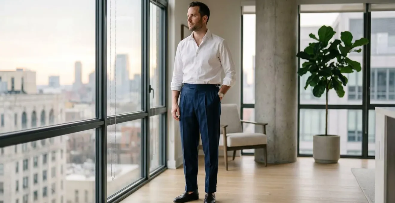 Contemporary man wearing tailored high-waisted pleated trousers with confident stance