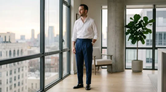 Contemporary man wearing tailored high-waisted pleated trousers with confident stance